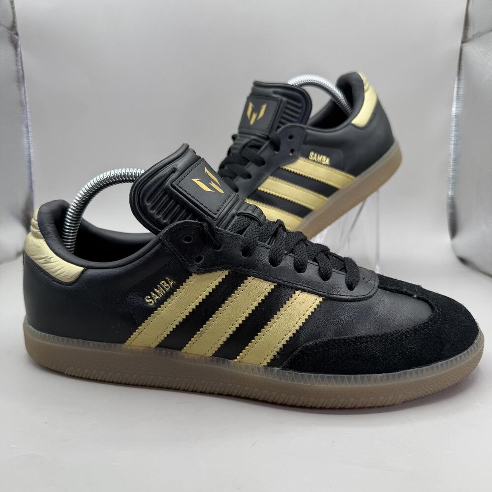 Adidas Samba Messi Shoes Mens Size 8 Black Gold Leather Indoor Soccer Sneakers